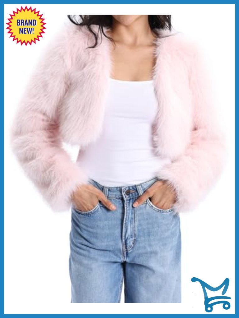 Faux Fur Cropped Jacket - Open Front Long Sleeve Winter Fleece Coat